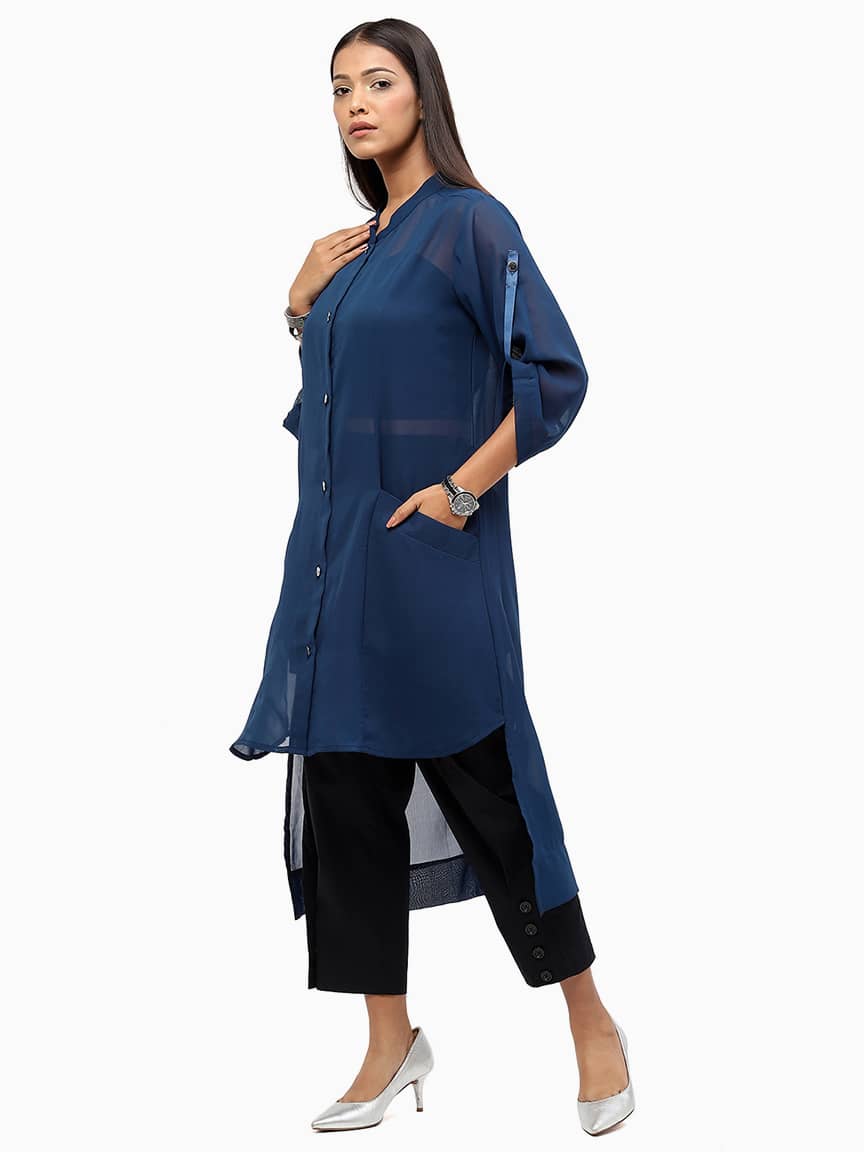 Alternative view of BaawRi Women's Blue Solid Color Mandrian Collar Shrug