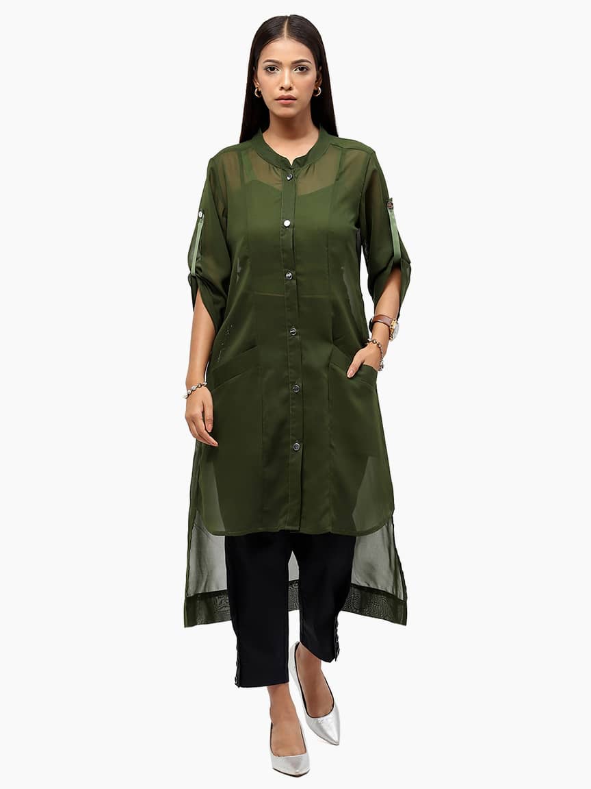 BaawRi Women's Green Solid Color Mandrian Collar Shrug