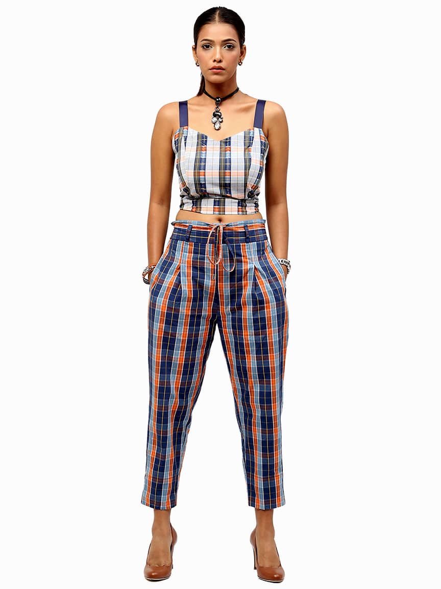 BaawRi Women's Blue Yarn Dyed Cotton Trouser