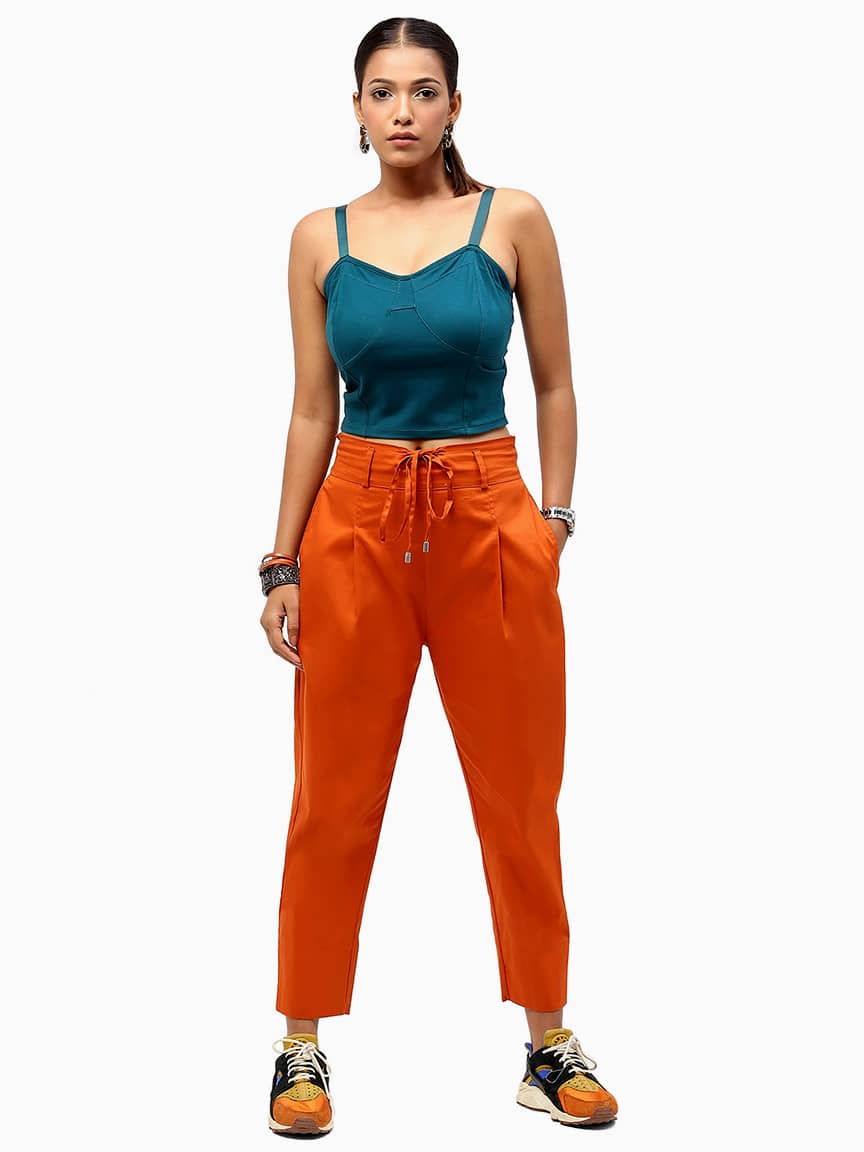 BaawRi Women's Orange Solid Color Cotton Trouser