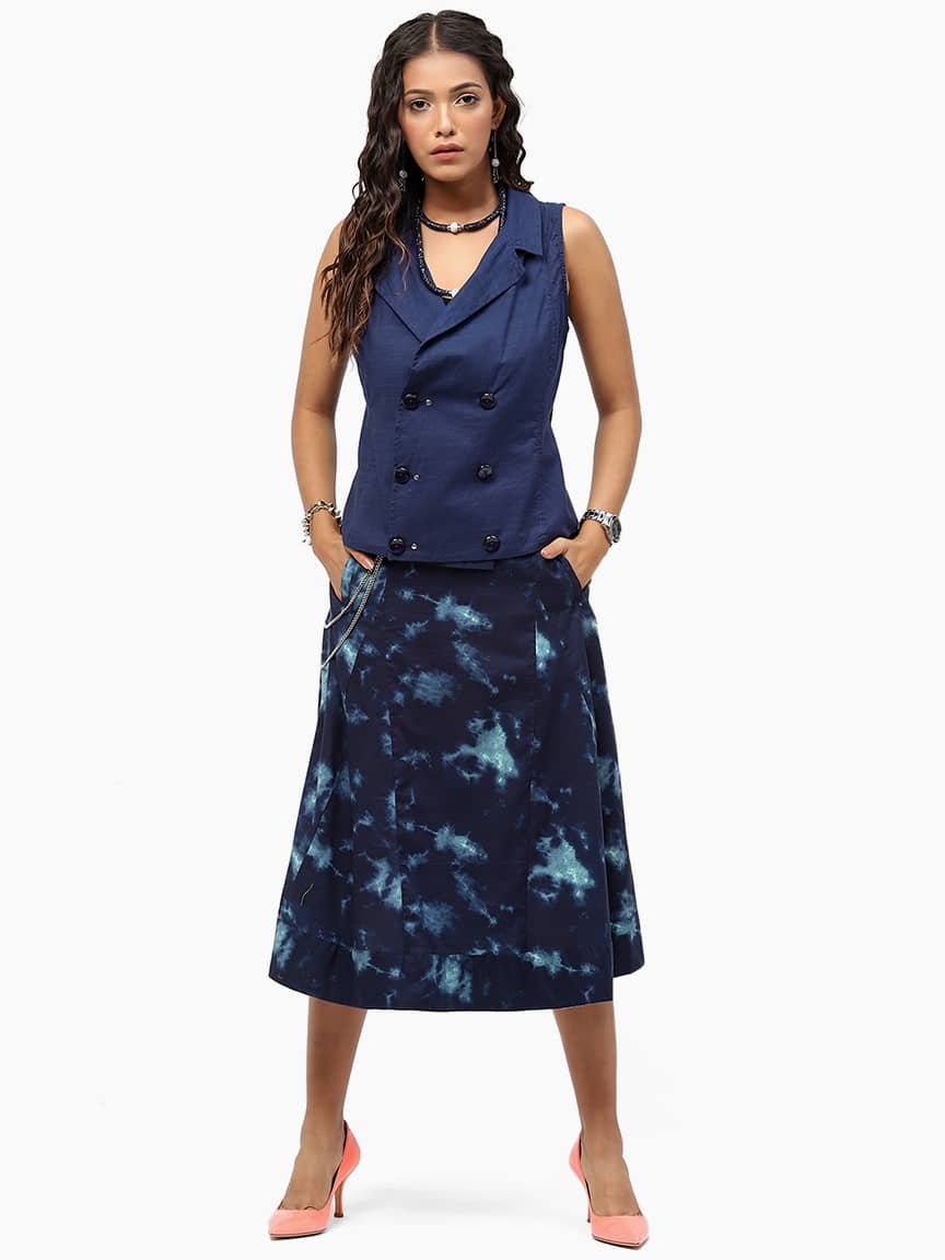 BaawRi Women's Navy Blue Printed Flared Cotton Skirt