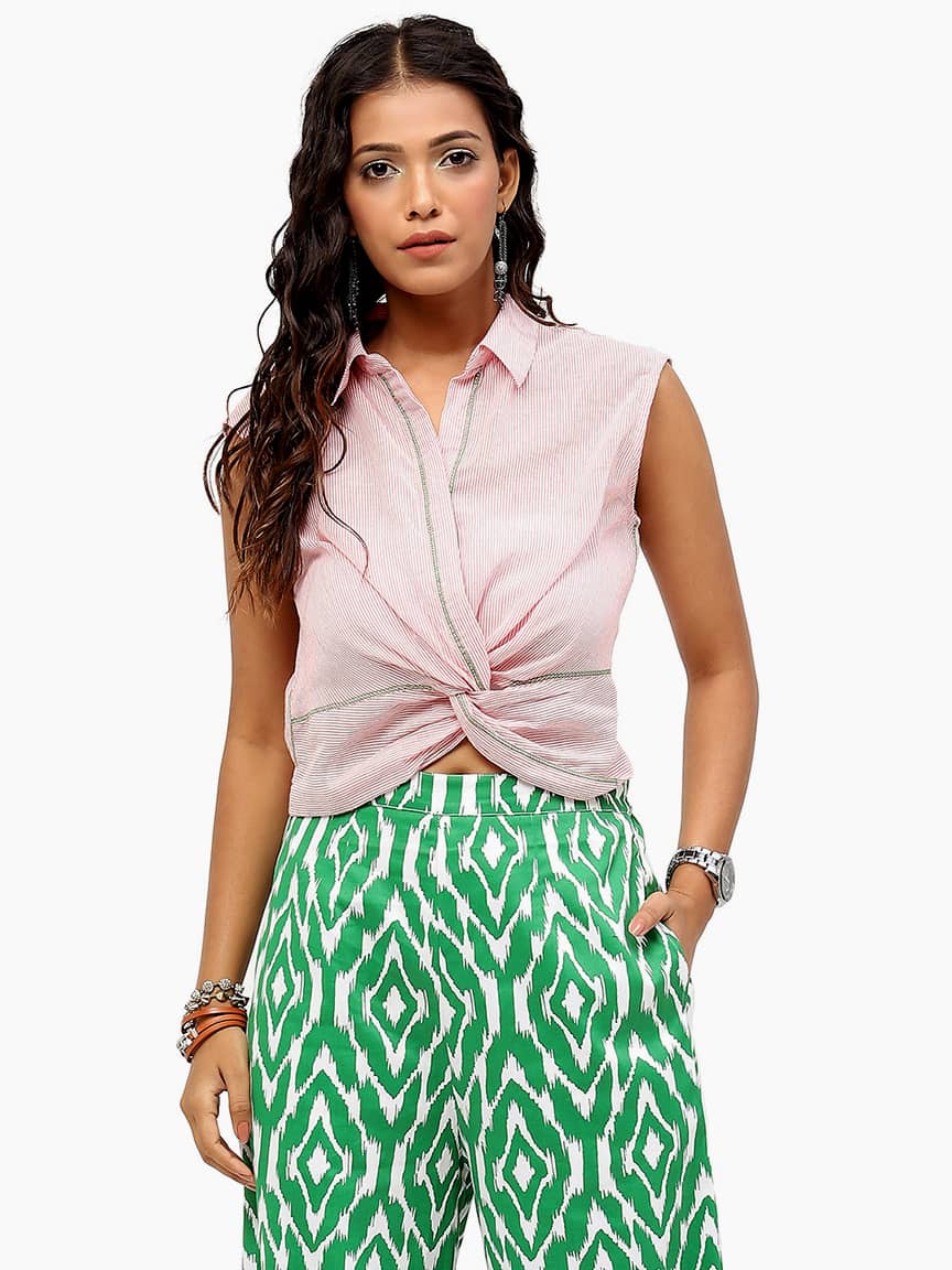 Alternative view of BaawRi Pink & White Stripe Print Shirt Collar Cotton Top