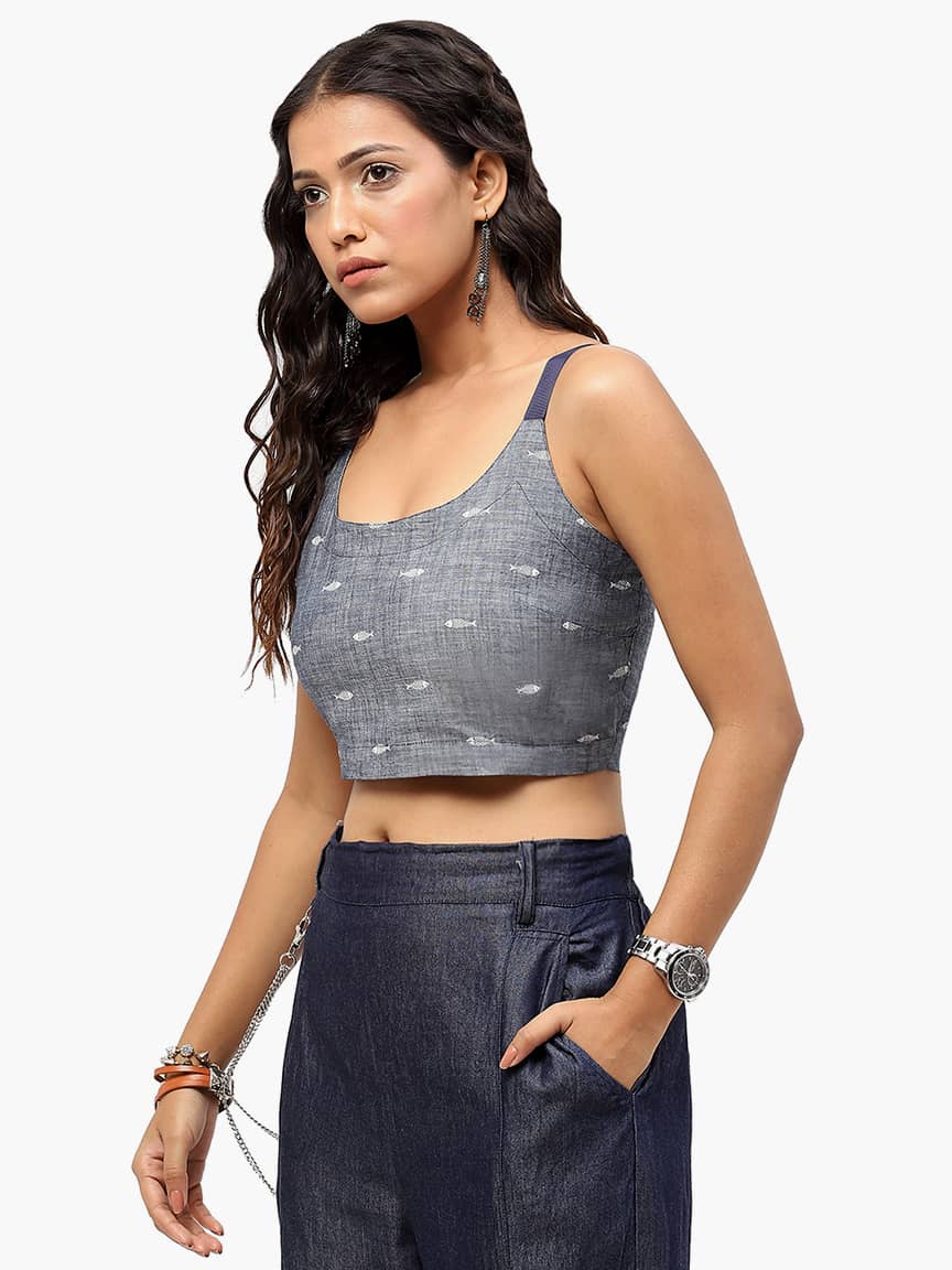 BaawRi Grey Print Fish Denim Cotton Top - Image 3