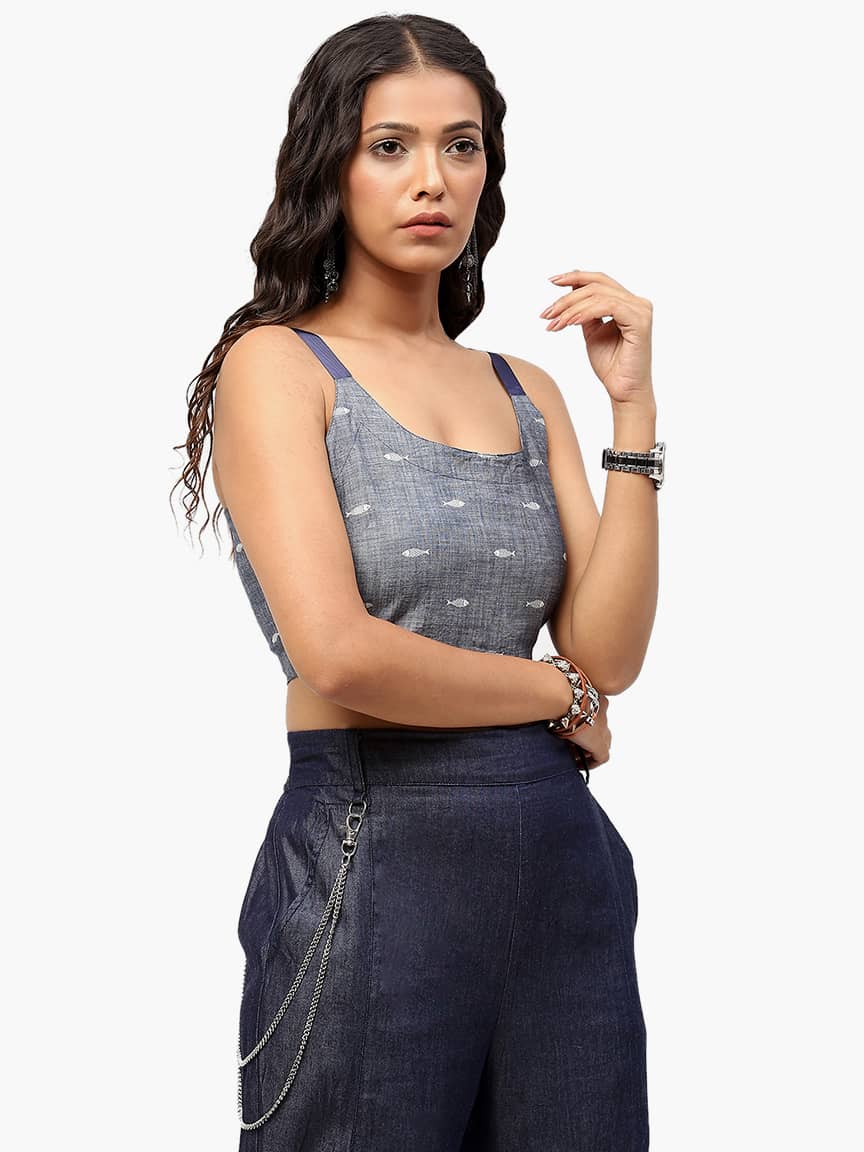 BaawRi Grey Print Fish Denim Cotton Top - Image 4