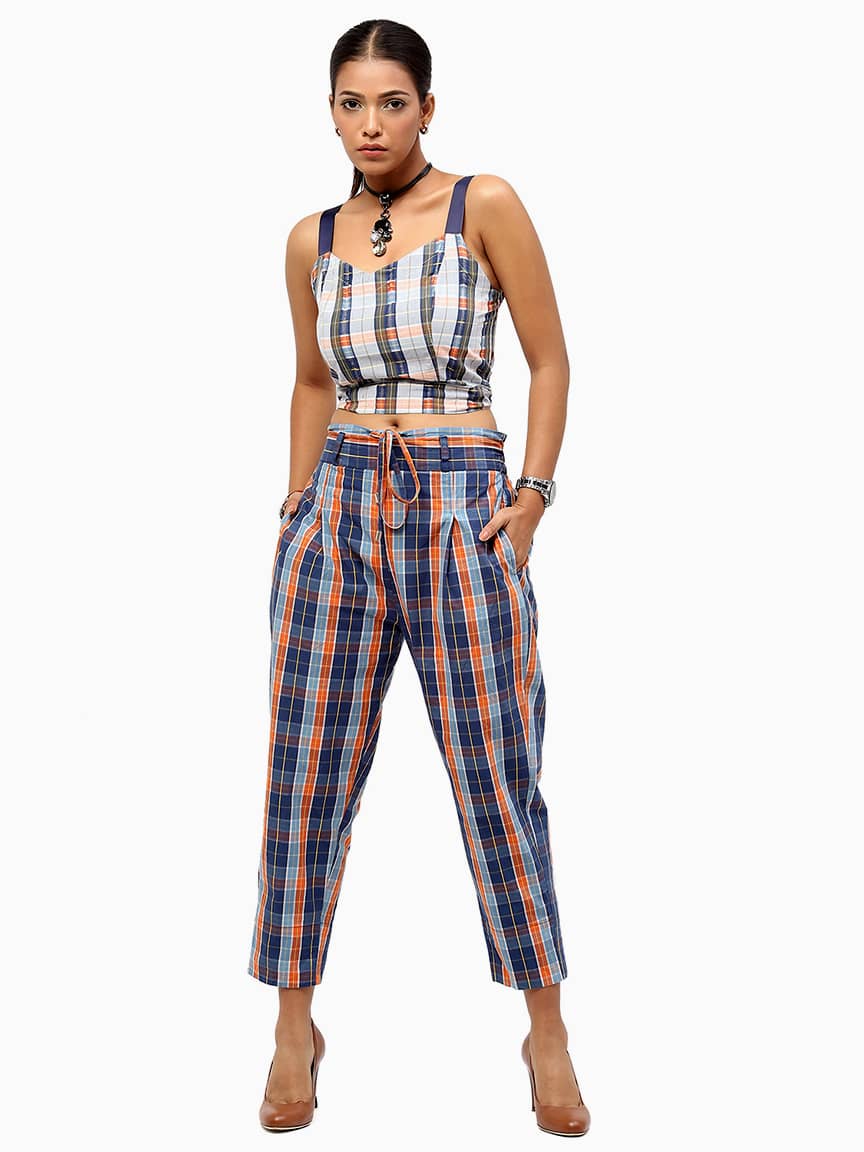 BaawRi Women's Blue and White Checked Printed Cotton Top
