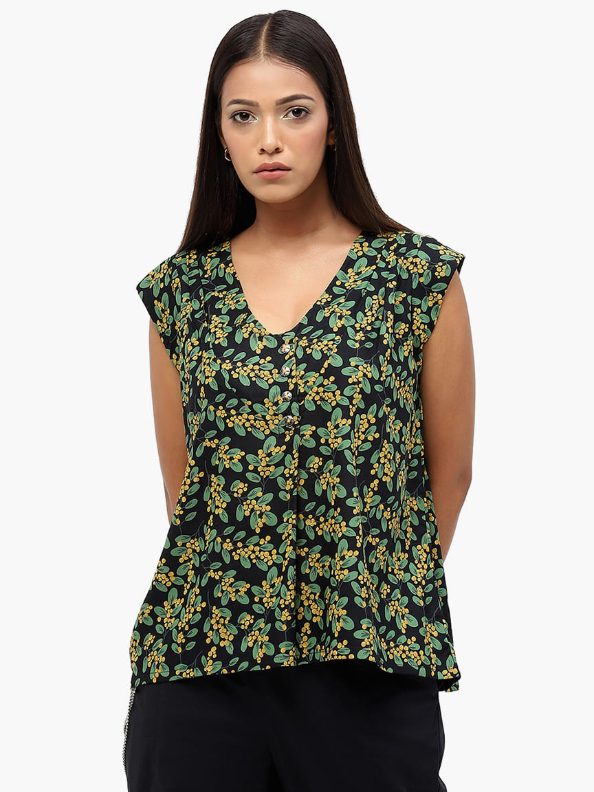 Alternative view of BaawRi Women's Green Floral Printed Viscose Rayon Top