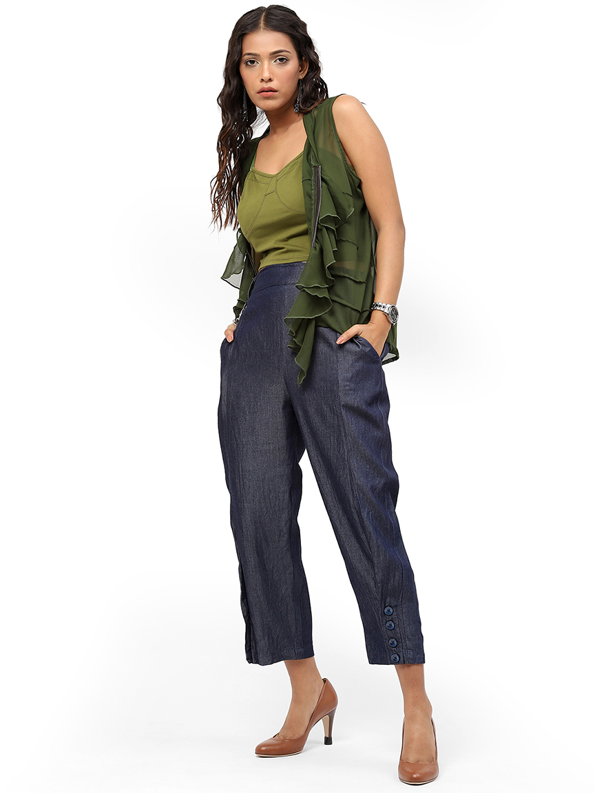 BaawRi Blue Solid Color Denim Cotton Trouser with Button & Chain Detail