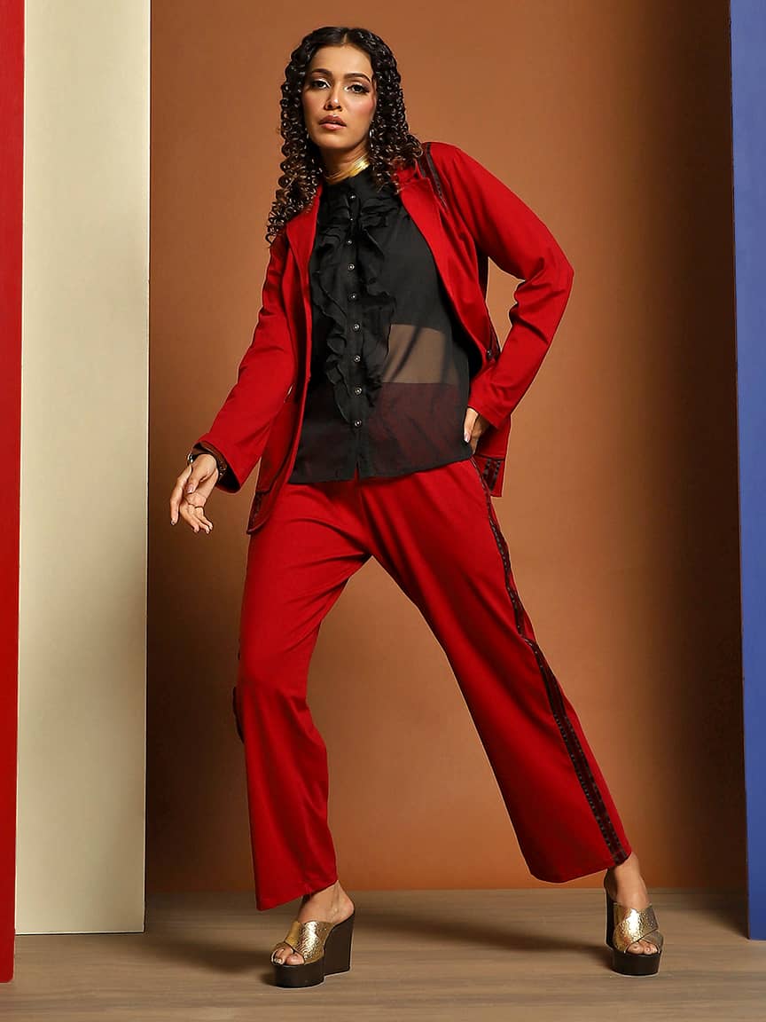 Elegant Cotton Lycra Tailored Jacket Set with Peak Collar and Velvet Tape Detailing