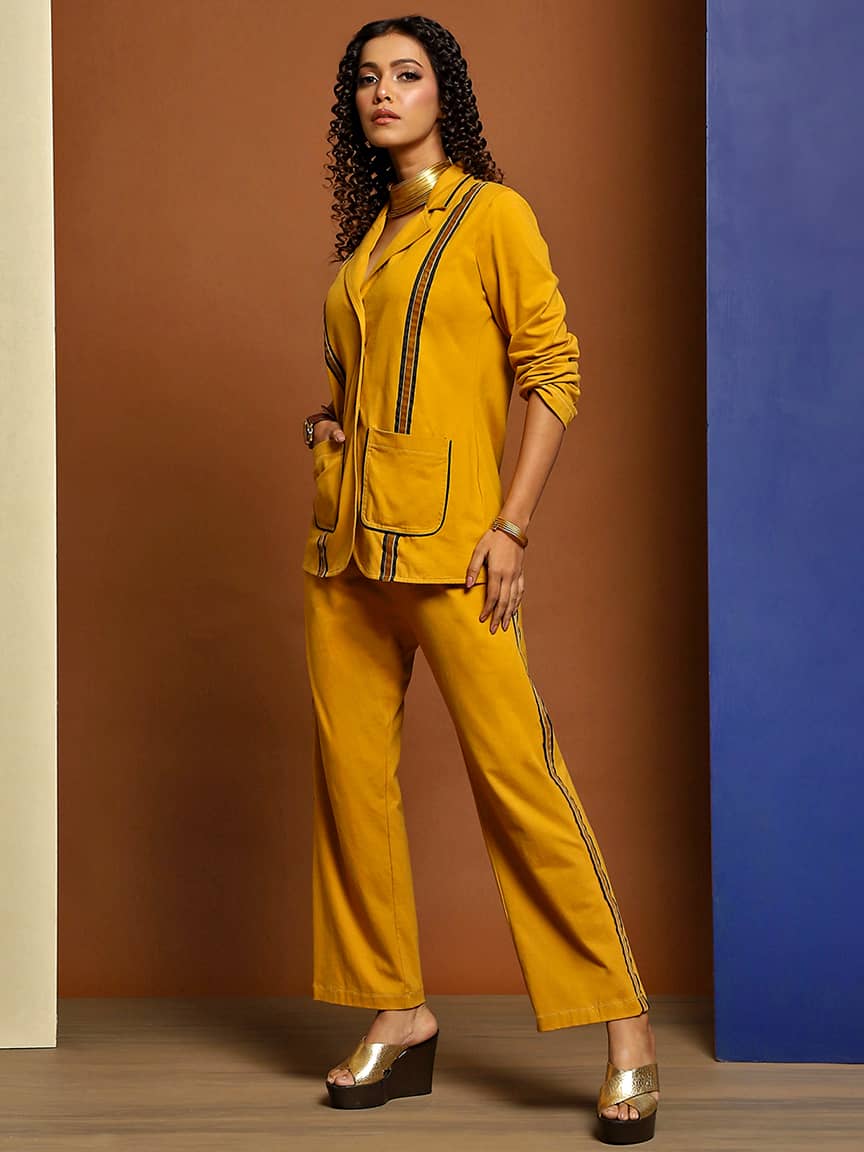 Alternative view of Elegant Cotton Lycra Tailored Jacket Set with Peak Collar and Velvet Tape Detailing