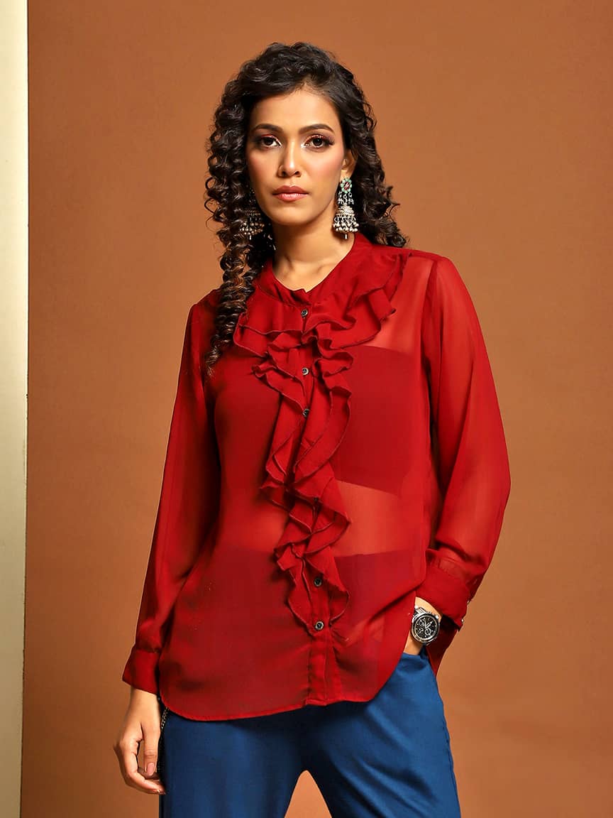 Alternative view of Chic Translucent Georgette Button-Through Ruffle Top