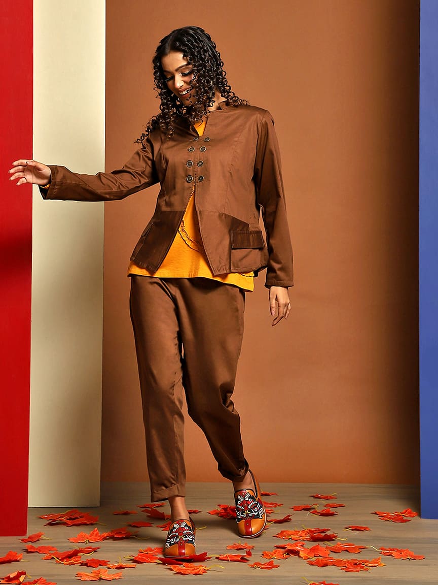 Elegant Stand Collar Jacket Set in Cotton Satin