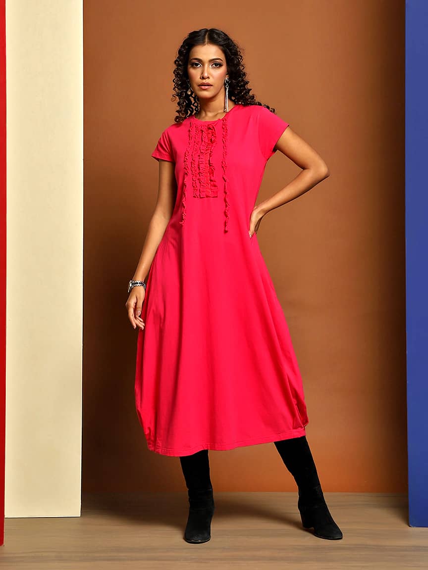 Chic Midi-Length Lycra Jersey Dress with Raw Cut Ruffles and Ribbon Detailing