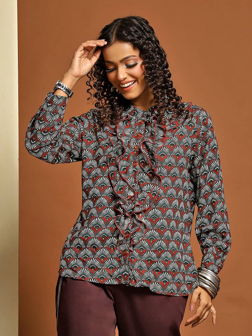 Alternative view of Curated Pattern Green Printed Button-Through Ruffle Top