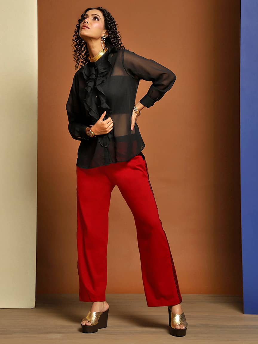 Chic Translucent Georgette Button-Through Ruffle Top