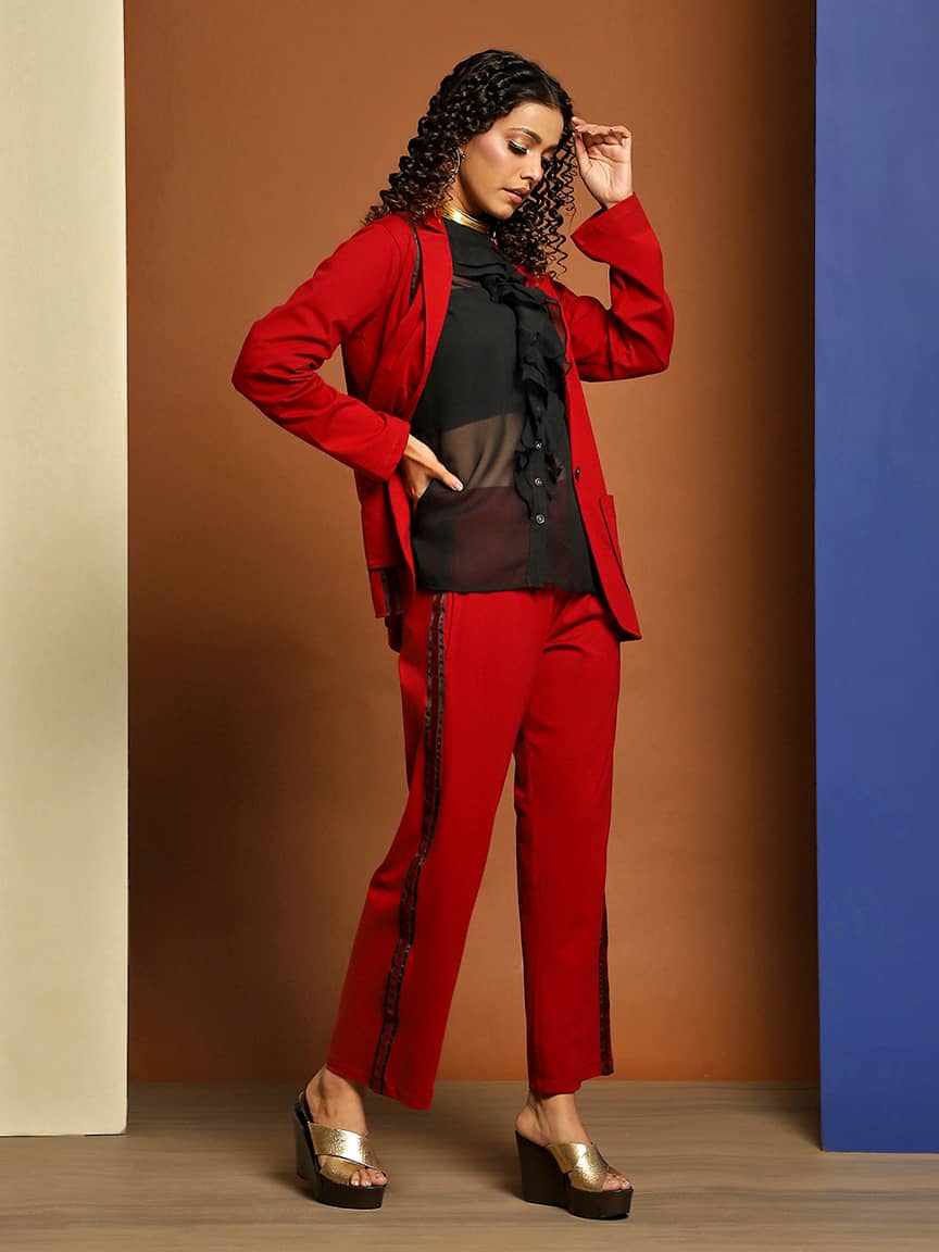 Alternative view of Elegant Cotton Lycra Tailored Jacket Set with Peak Collar and Velvet Tape Detailing