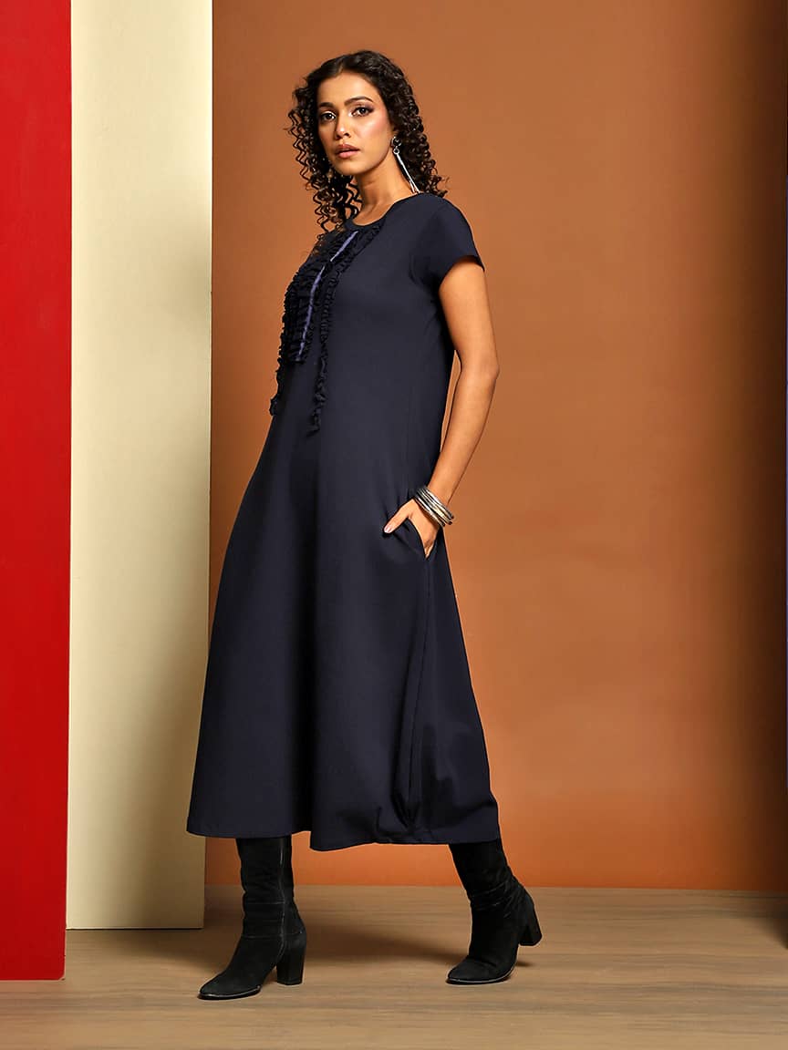 Alternative view of Chic Midi-Length Lycra Jersey Dress with Raw Cut Ruffles and Ribbon Detailing