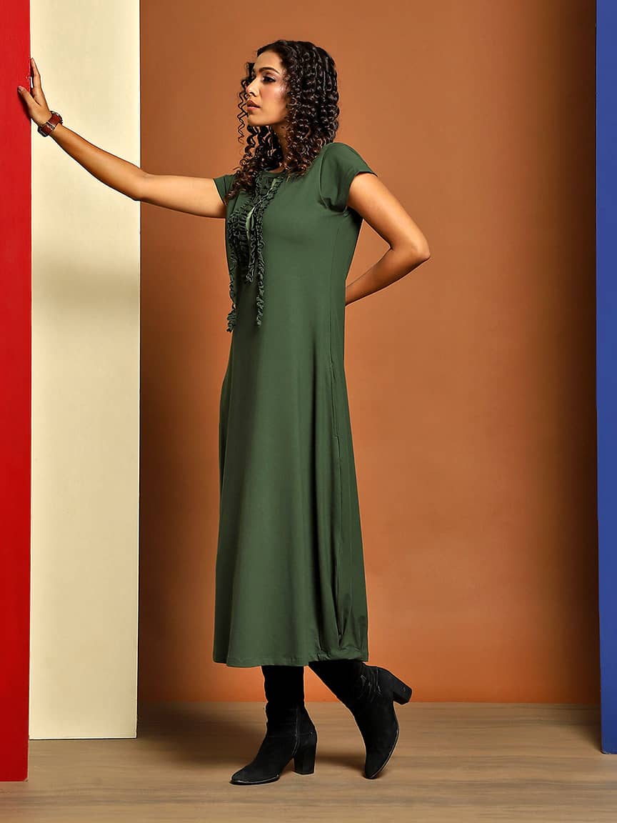 Alternative view of Chic Midi-Length Lycra Jersey Dress with Raw Cut Ruffles and Ribbon Detailing