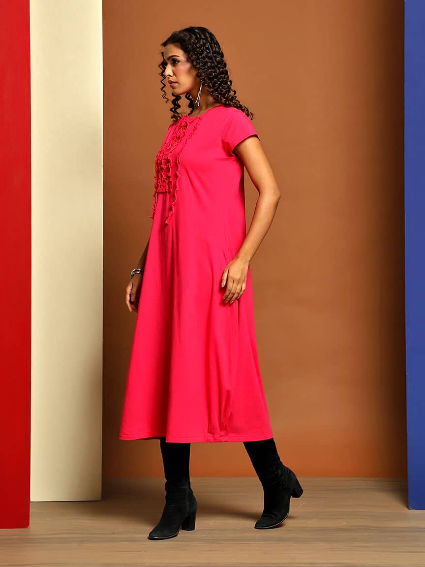 Alternative view of Chic Midi-Length Lycra Jersey Dress with Raw Cut Ruffles and Ribbon Detailing