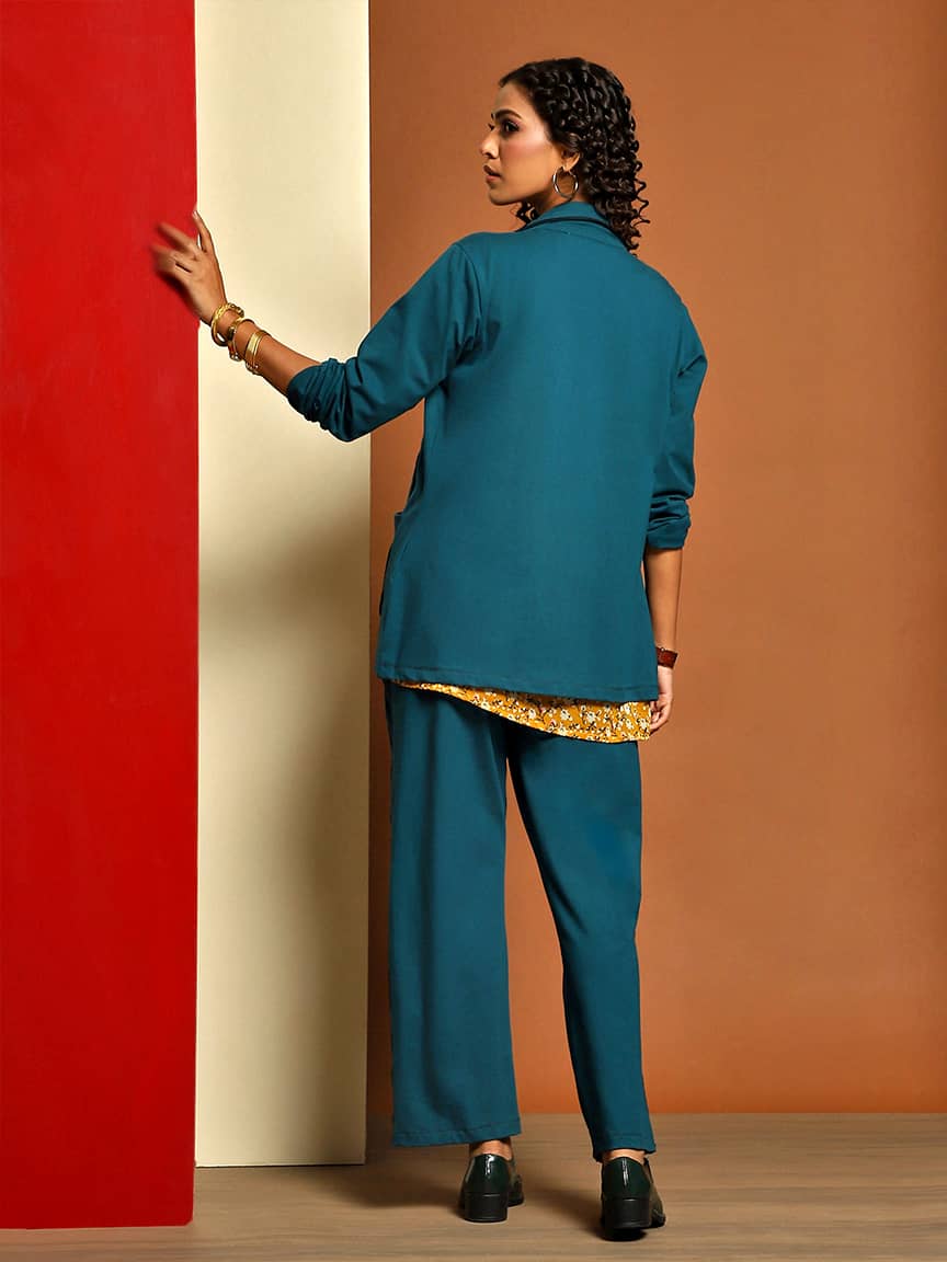 Elegant Cotton Lycra Tailored Jacket Set with Peak Collar and Velvet Tape Detailing - Image 4