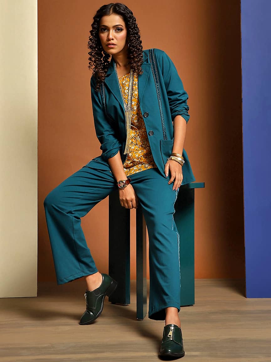 Elegant Cotton Lycra Tailored Jacket Set with Peak Collar and Velvet Tape Detailing - Image 5