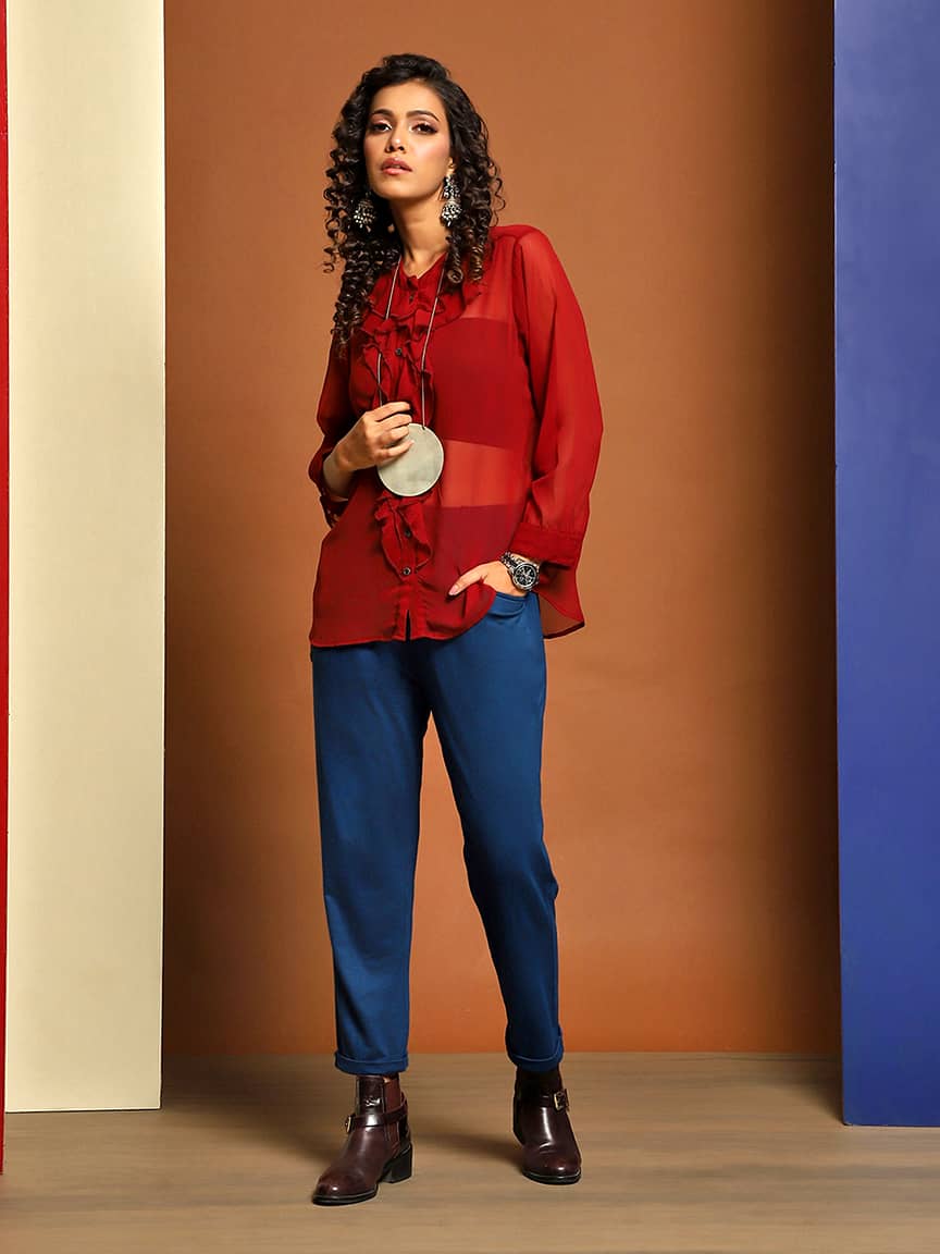 Chic Translucent Georgette Button-Through Ruffle Top