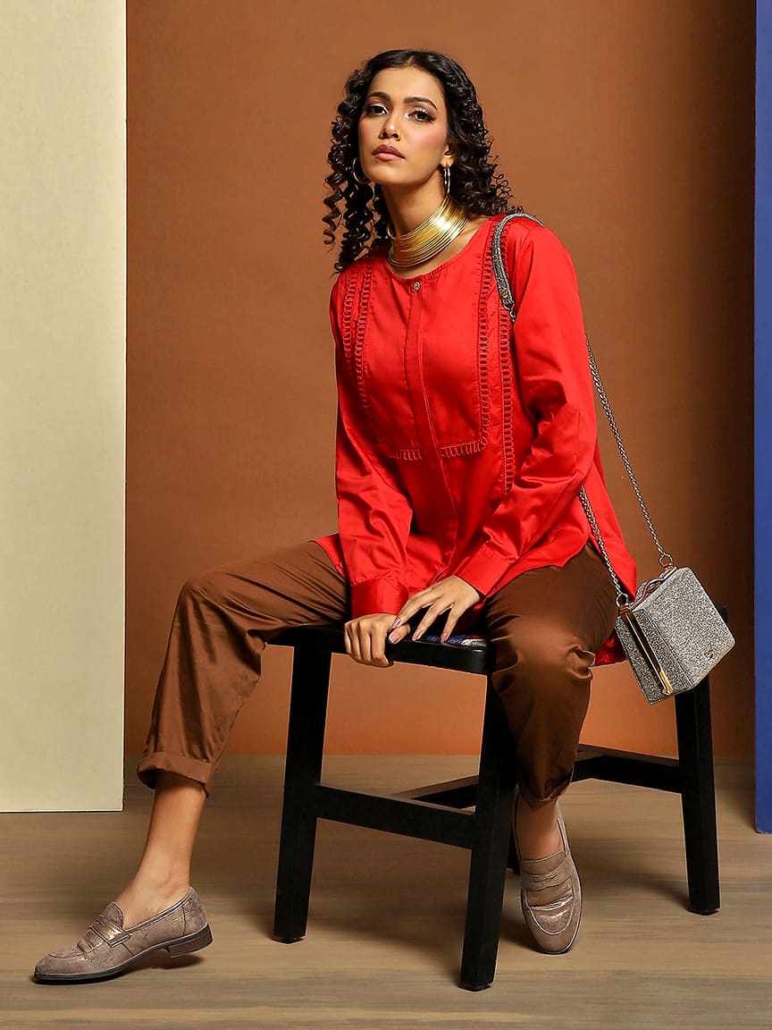 Collarless Shirt in Red Cotton Satin