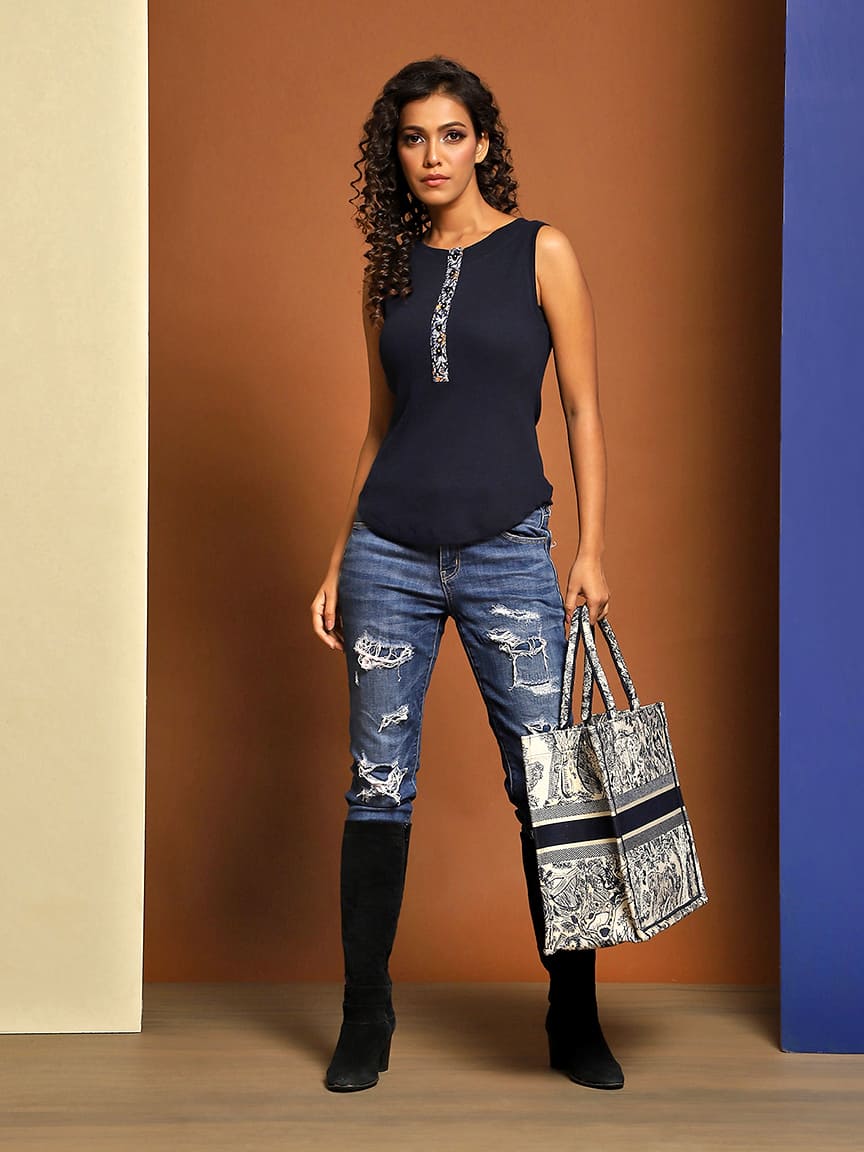 Ribbed Sleeveless Top with Print Detailing on the Button Placket