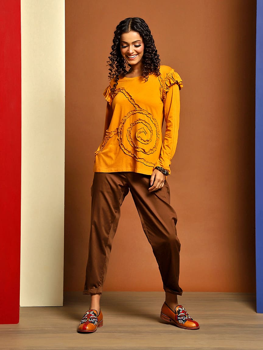 Elegant Full Sleeves Viscose Top with Ruched Ribbon Detailing