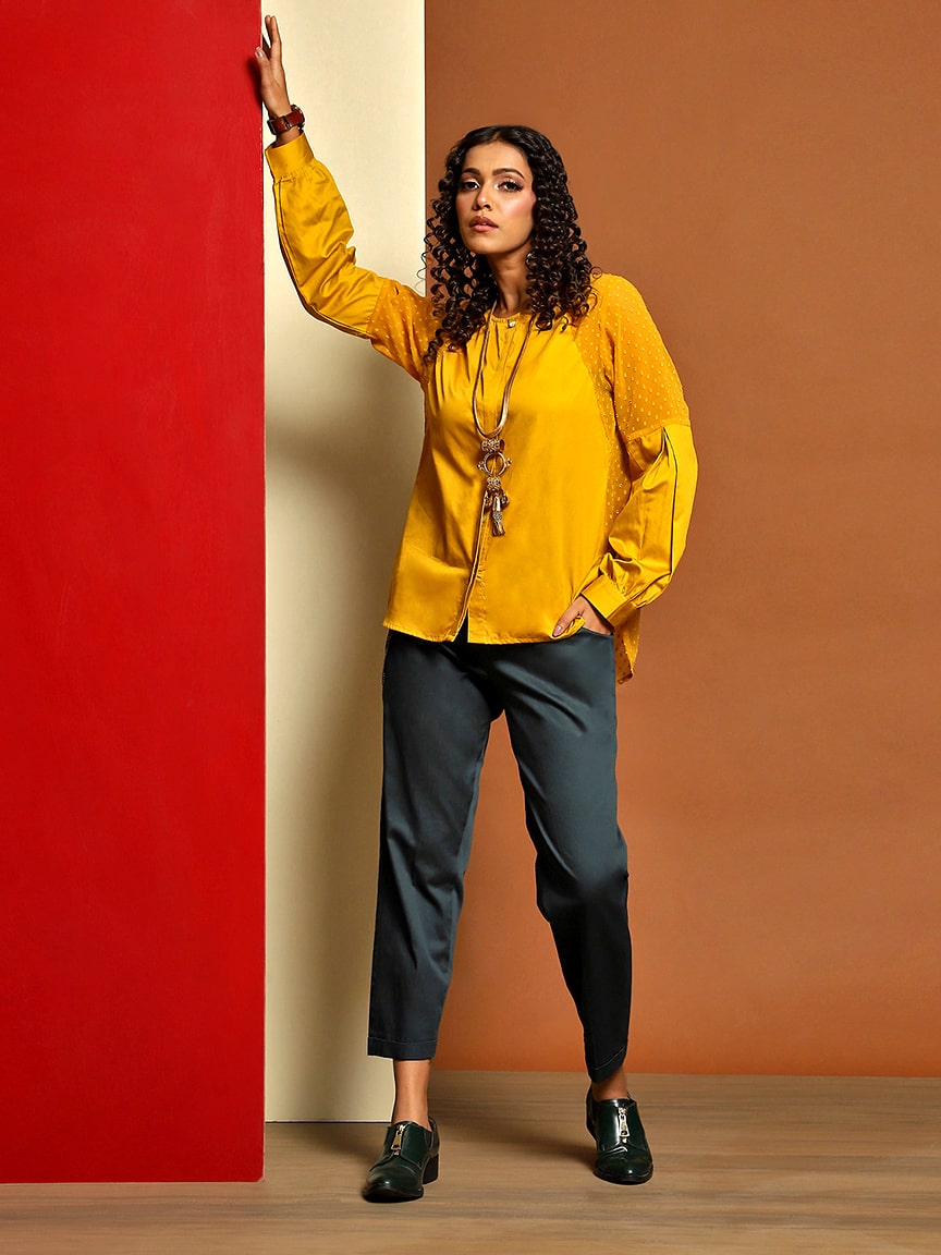 Cotton Satin with See-Through Dot Georgette Top