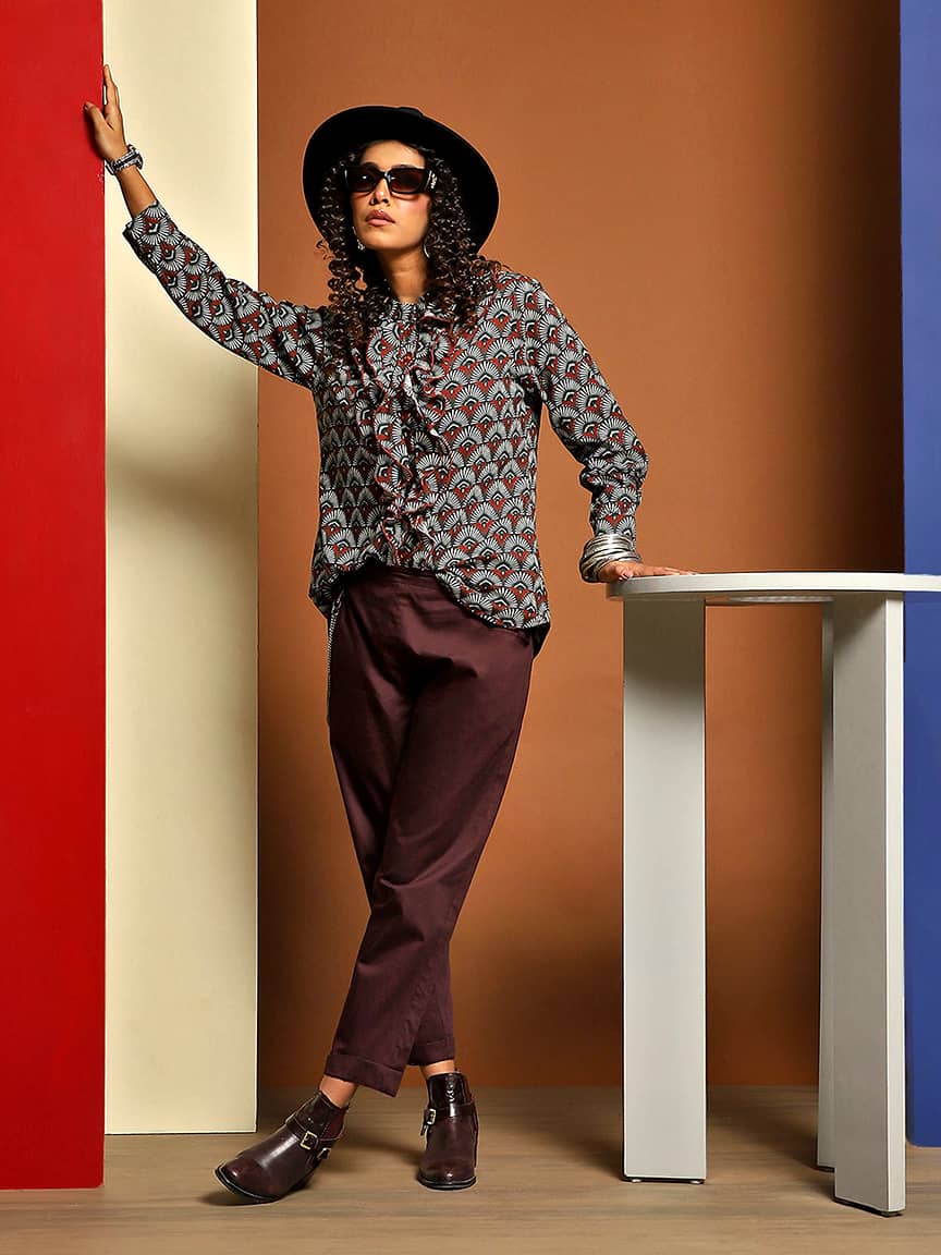 Curated Pattern Green Printed Button-Through Ruffle Top