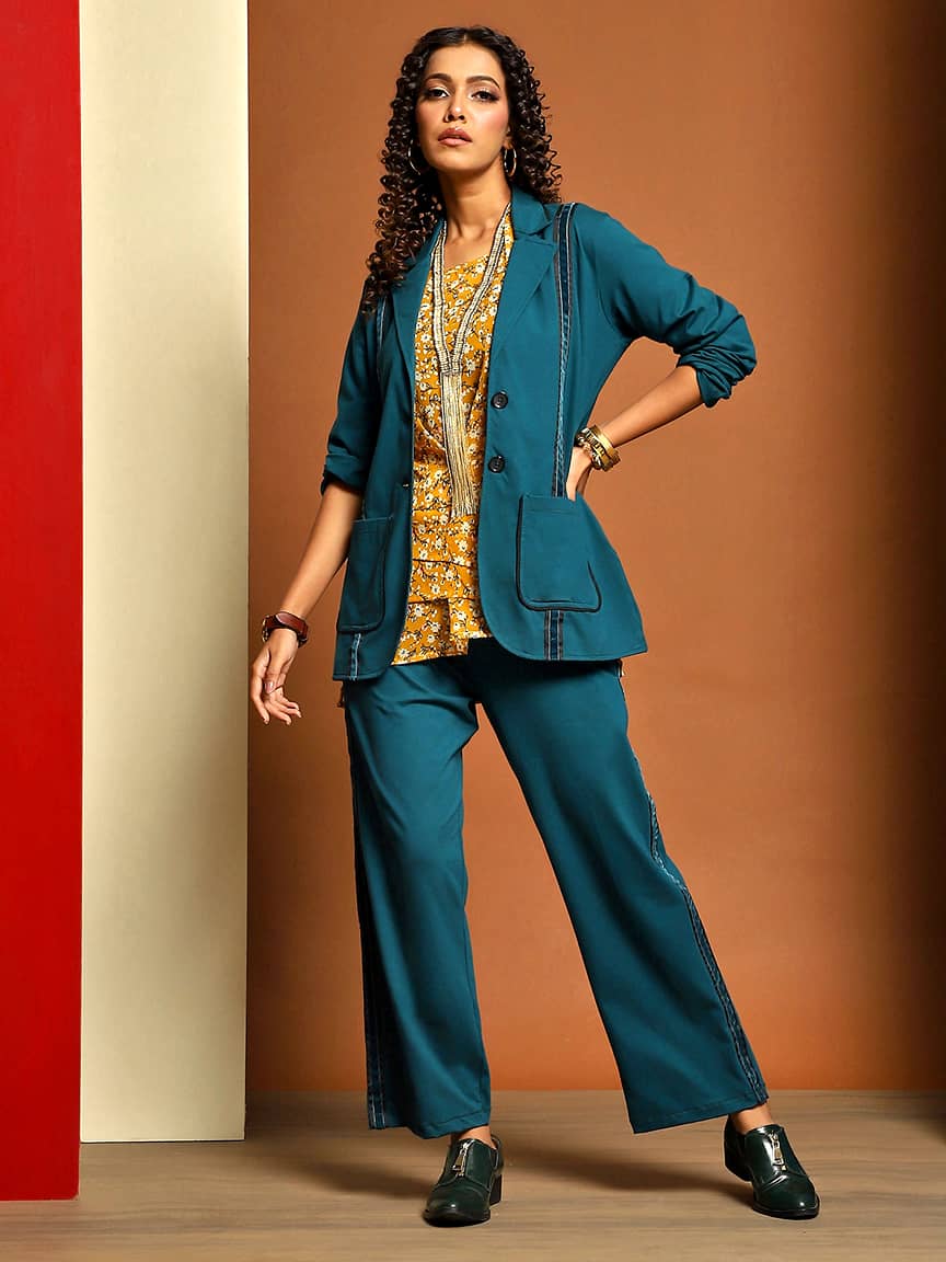 Elegant Cotton Lycra Tailored Jacket Set with Peak Collar and Velvet Tape Detailing