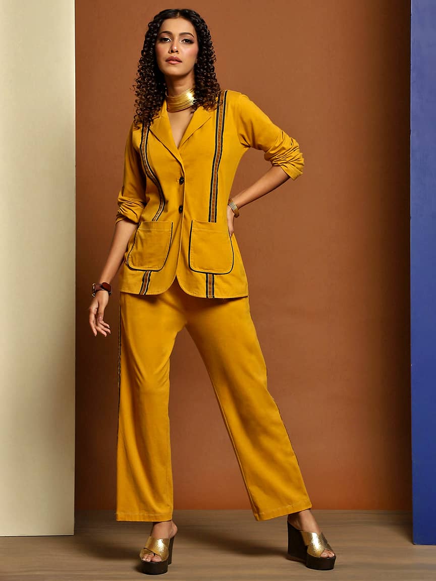 Elegant Cotton Lycra Tailored Jacket Set with Peak Collar and Velvet Tape Detailing