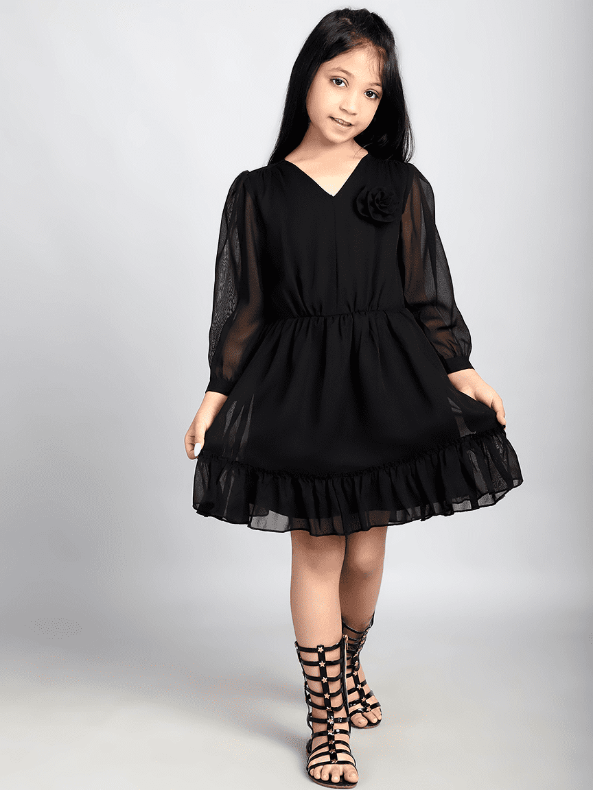 Baawri Girl Solid Black Color Georgette Knee Length Dress