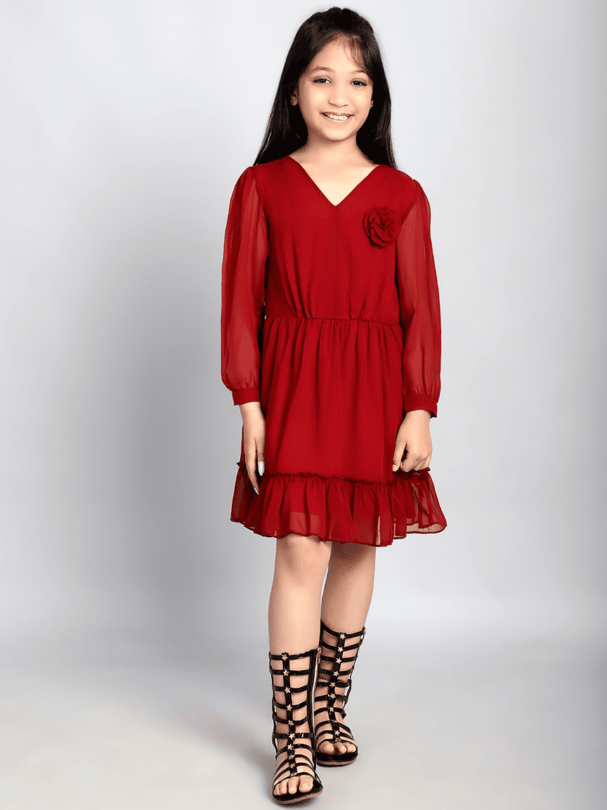 Baawri Girl Solid Maroon Color Georgette Knee Length Dress