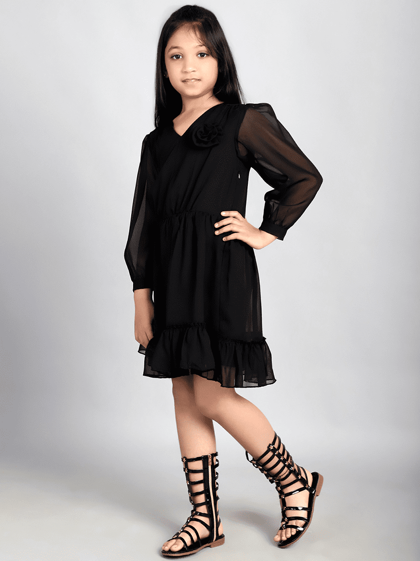 Baawri Girl Solid Black Color Georgette Knee Length Dress - Image 3