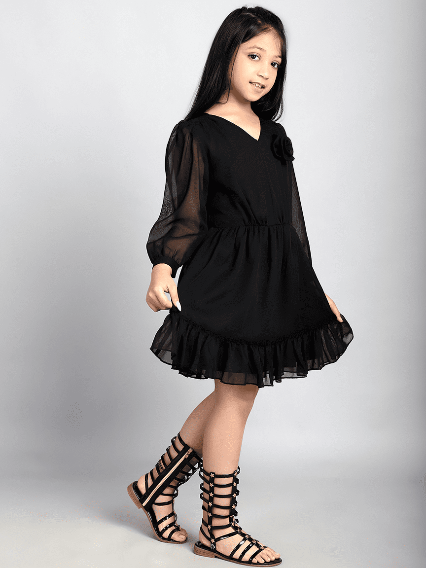 Baawri Girl Solid Black Color Georgette Knee Length Dress - Image 4