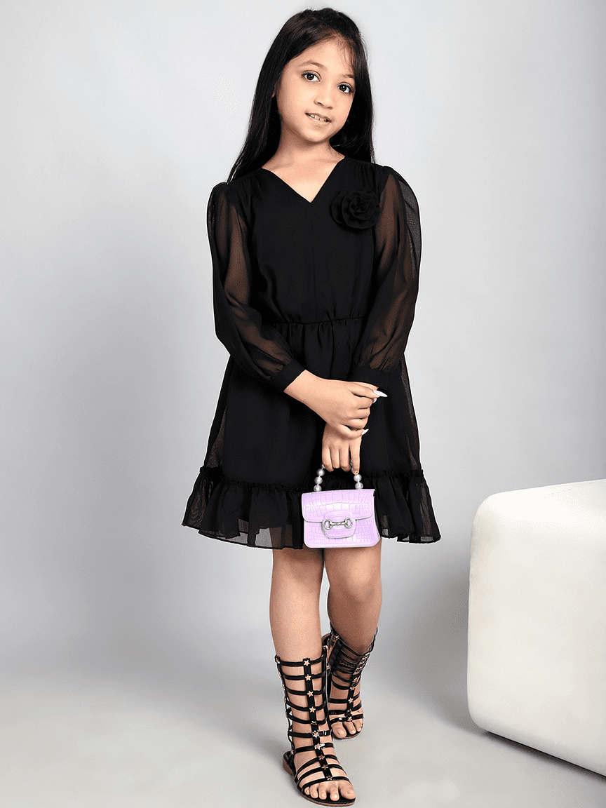 Baawri Girl Solid Black Color Georgette Knee Length Dress - Image 5