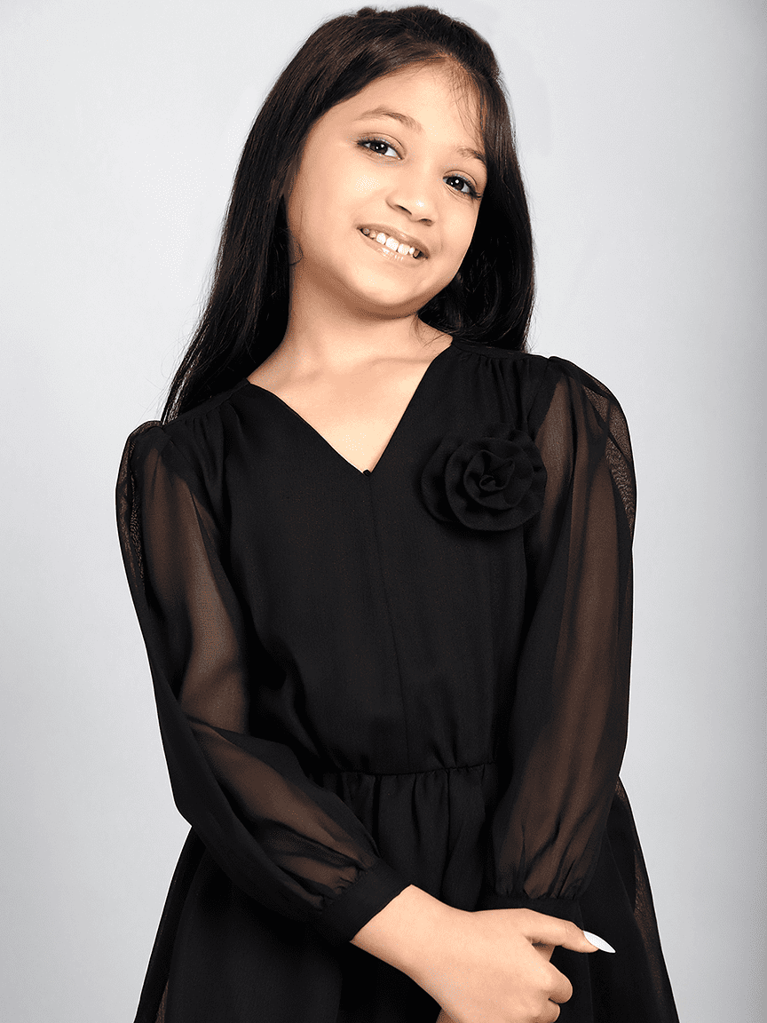 Baawri Girl Solid Black Color Georgette Knee Length Dress - Image 6