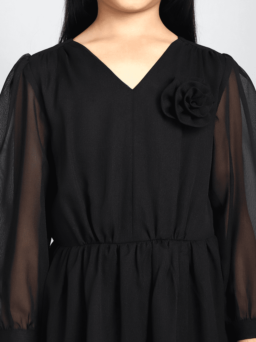Baawri Girl Solid Black Color Georgette Knee Length Dress - Image 7