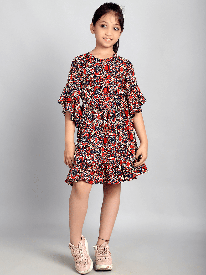 Baawri Girl Red Printed Color Crepe Knee Length Dress