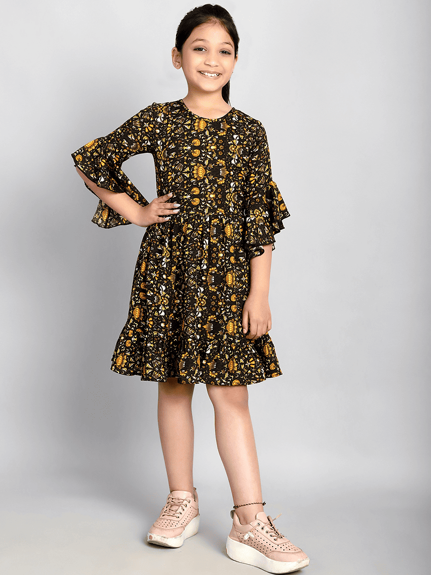 Baawri Girl Mustard Printed Color Crepe Knee Length Dress