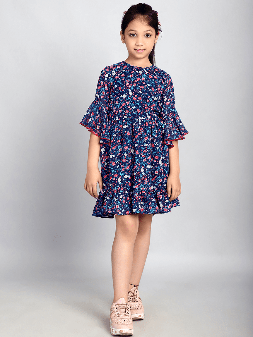 Baawri Girl Royal Blue Printed Color Georgette Knee Length Dress