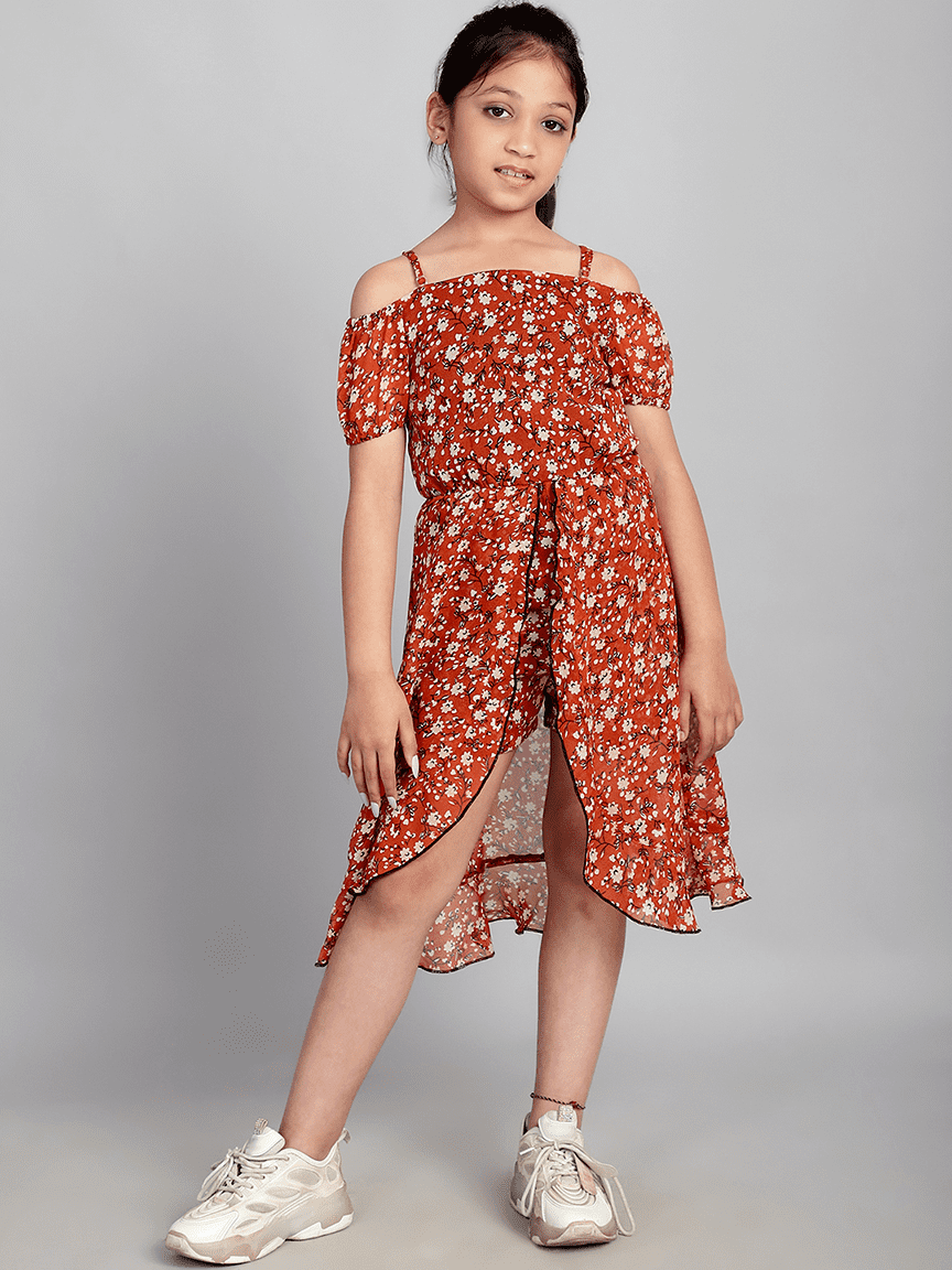 Baawri Girl Rust Printed Georgette Knee Length Jumpsuite