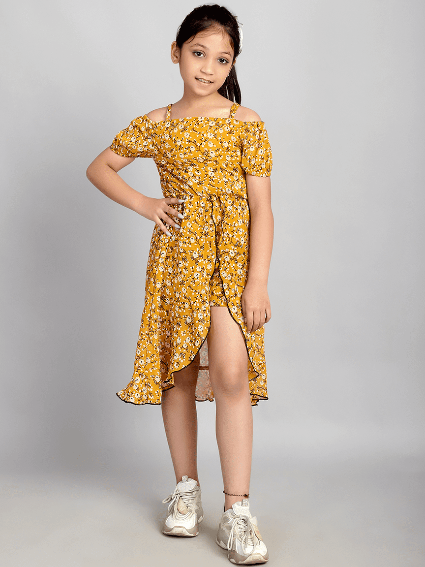 Baawri Girl Yellow Printed Georgette Knee Length Jumpsuite