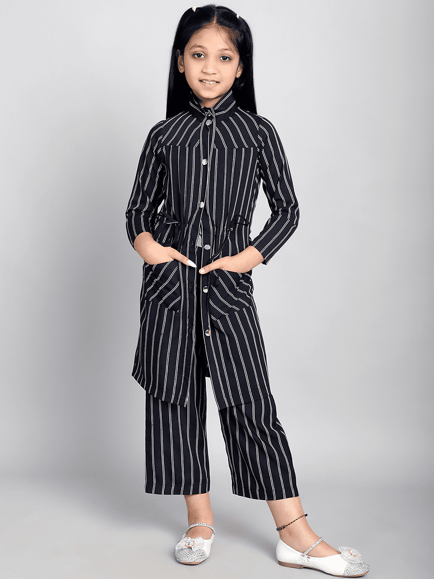 Baawri Girl Black Stripe Crepe 3 Pcs Cord Set