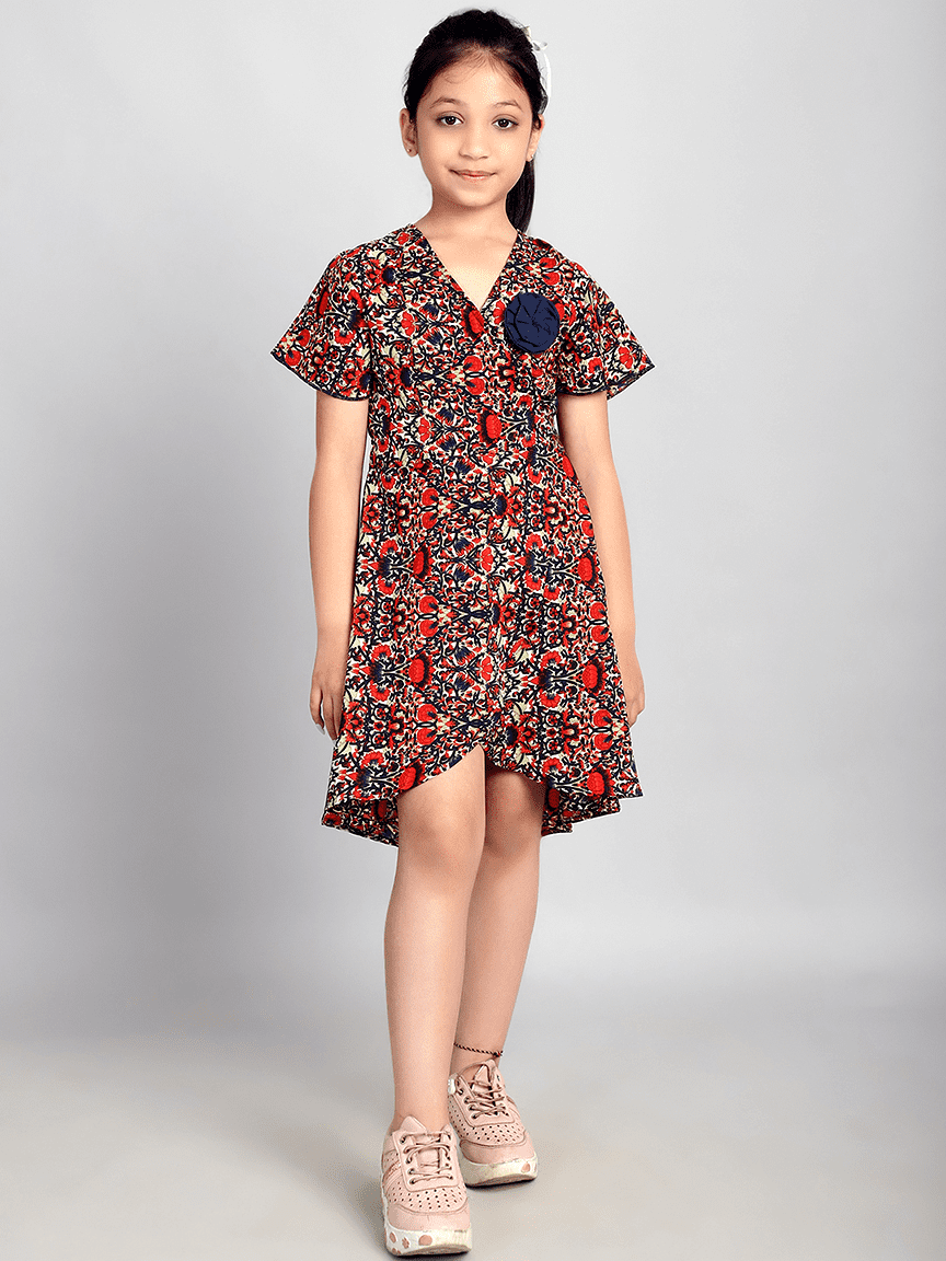 Baawri Girl Crepe Red Printed Color Knee Length Wrap Dress