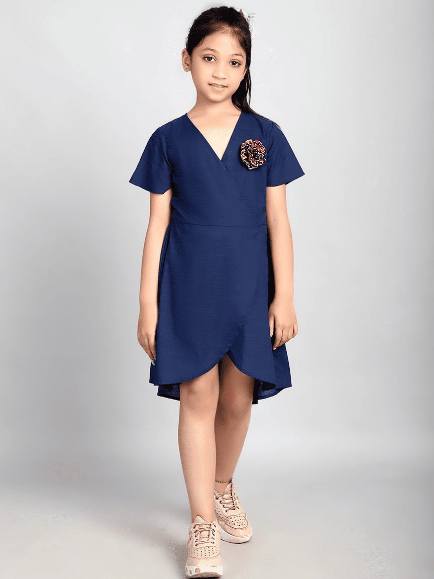 Baawri Girl Crepe Blue Solid Color Knee Length Wrap Dress