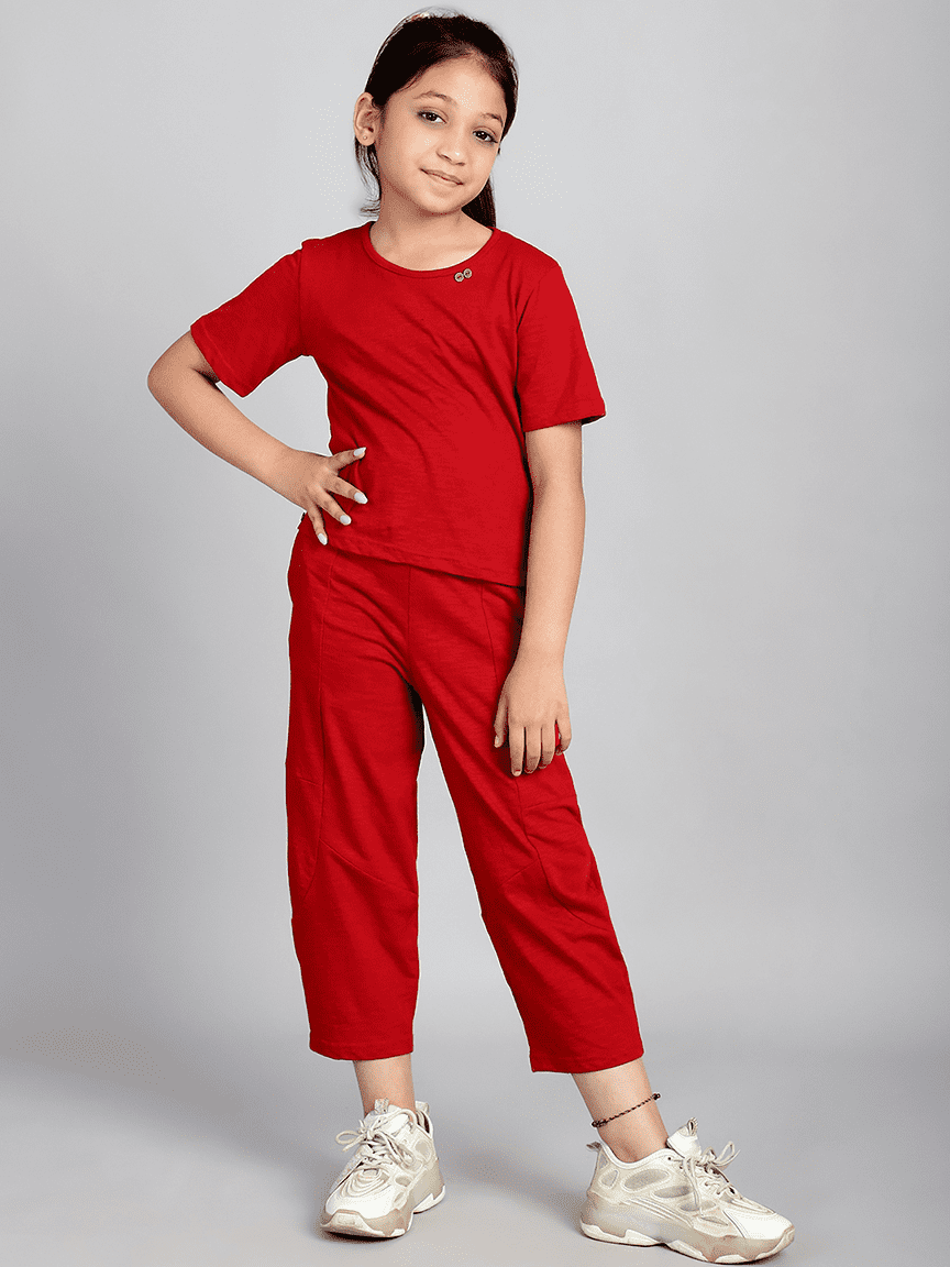 Baawri Girl Cotton Red Solid Color 2 Pcs Cord Set