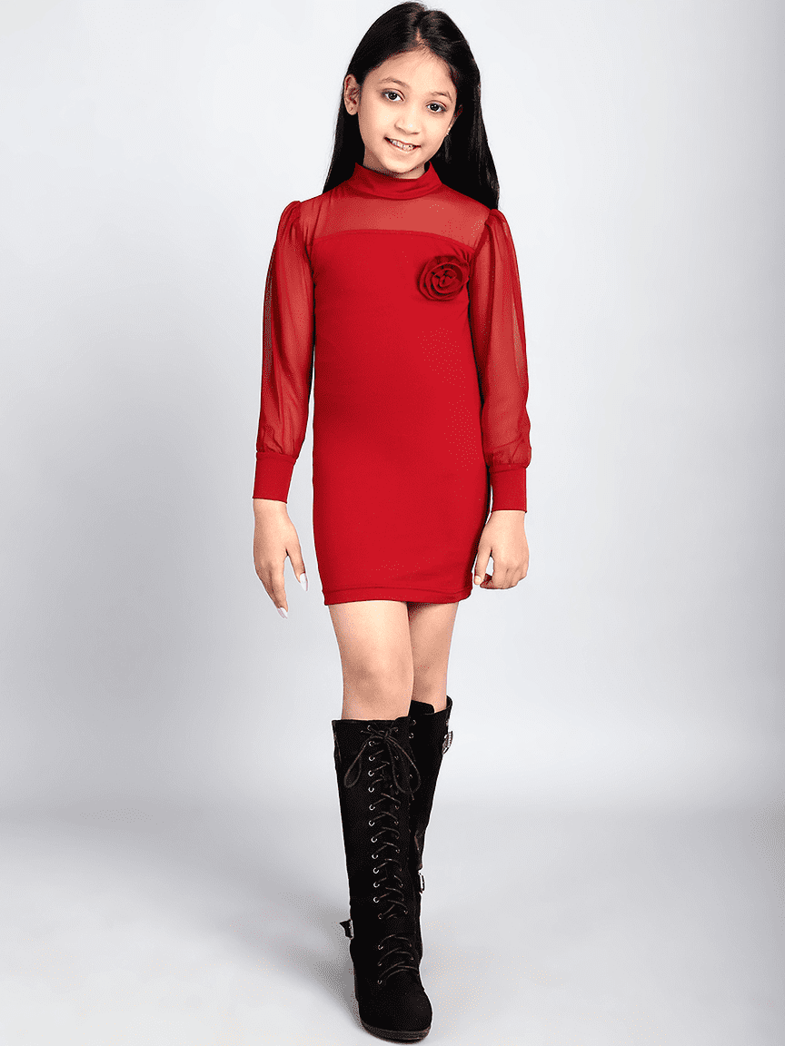 Baawri Girl Maroon Solid Color Long Sleeve Round Dress