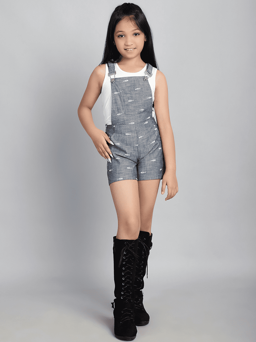 Baawri Girl Denim Fish Print Dungaree and Tee 2 pcs Set